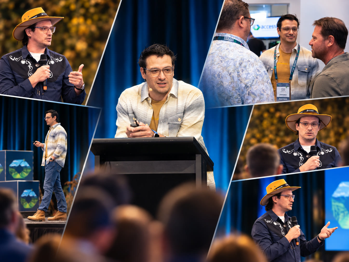A six-panel collage from the Access4 Annual Community: Diego Nievas at the gala in a wide-brimmed hat with a microphone, leaning on the lectern mid-keynote, talking with two partners in front of an Access4 backdrop, and on stage above the audience.